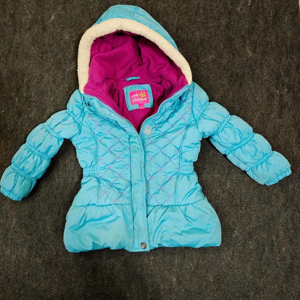 Pink Platinum Girls Turquoise Blue Quilted Puffer Jacket Sherpa Hood Size 4